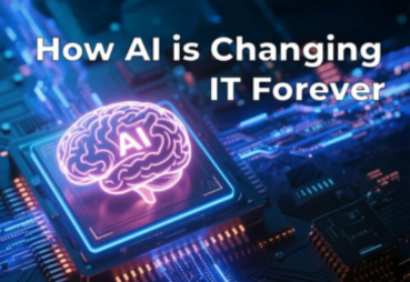 Graphic showing a glowing AI brain icon on a circuit board with text ‘How AI is Changing IT Forever’, representing AI in IT innovation.